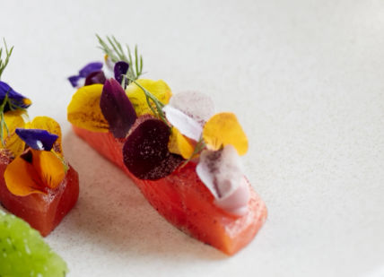 An image of a plate of food with vegetables, 7-Course Tasting Menu. Marcus