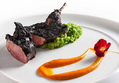 An image of a plate of food with meat, Five Course Tasting Menu with Wine Pairing. Purslane