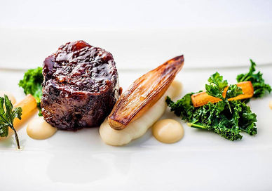 An image of a plate of food with meat, Seven Course Tasting Menu. Purslane