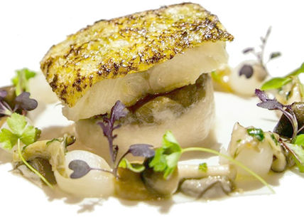 An image of a piece of fish with vegetables, Seven Course Tasting Menu. Purslane