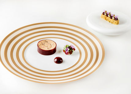 An image of a plate with a dessert on it, Live at The Ritz Five-course tasting dinner menu. The Ritz  