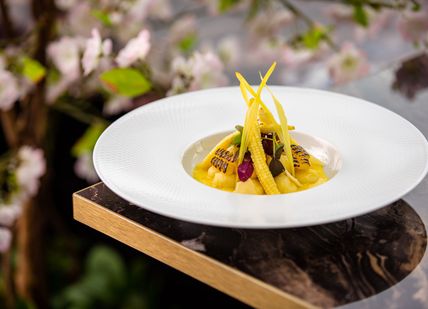 An image of a plate of food on a table, Three-Course Menu. Searcys Helix Restaurant at The Gherkin