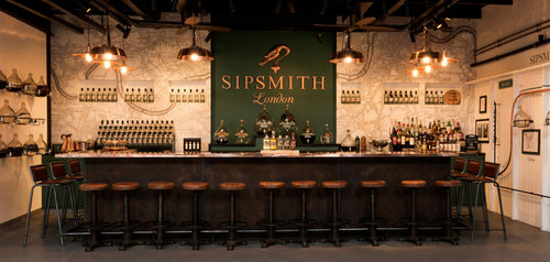 Stylish bar setup at Sipsmith Distillery in London.