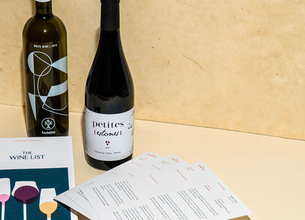 An image of a wine bottle and menus, Three-Month Virtual Wine Course. The Wine List