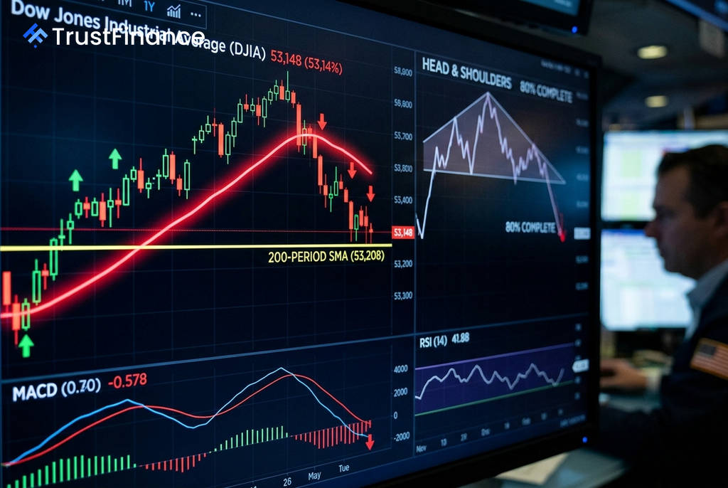 Dow Jones Tests Critical 200-Period Moving Average as Bearish Signals Emerge