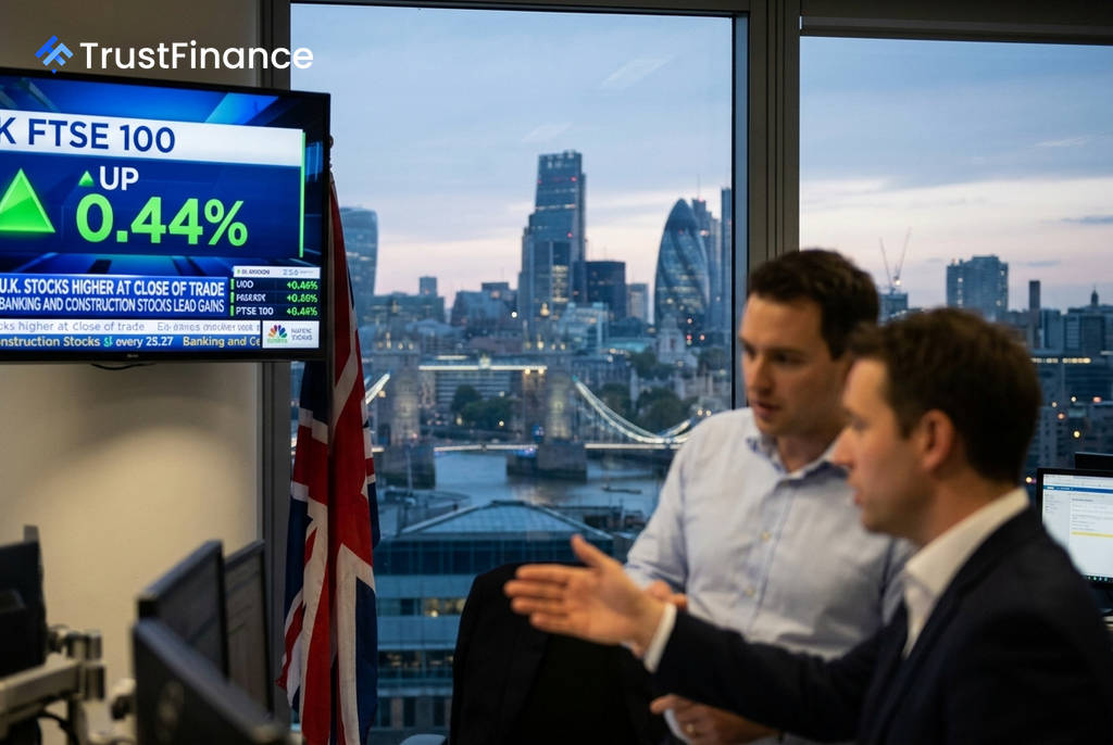 UK's FTSE 100 Closes Higher, Buoyed by Banking and Construction Stocks