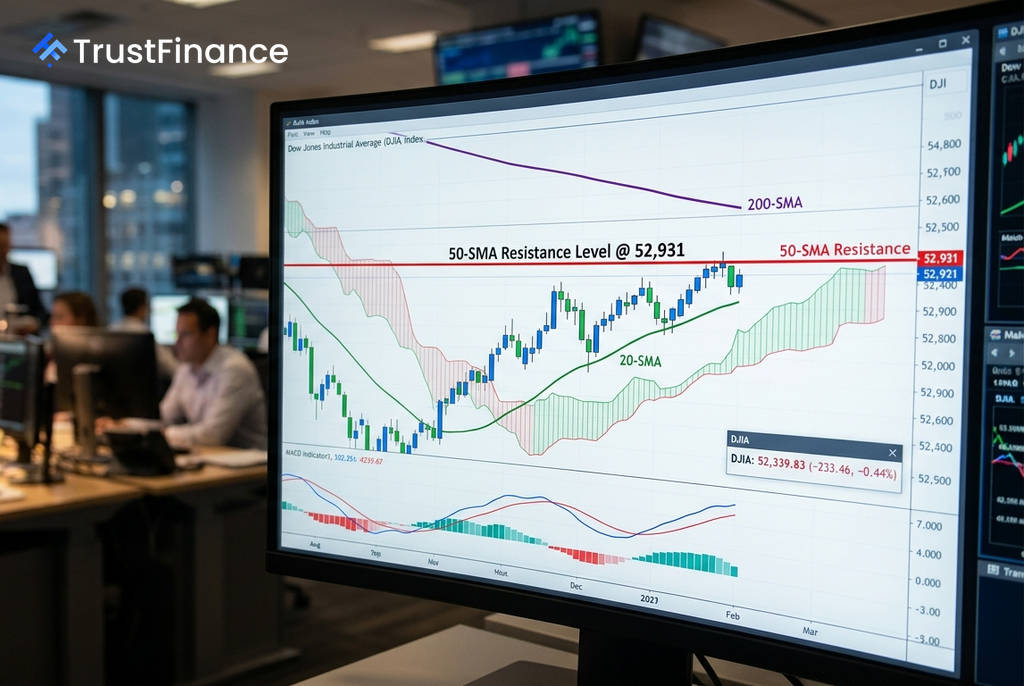 Dow Jones Faces Critical Resistance at 50-Period Moving Average