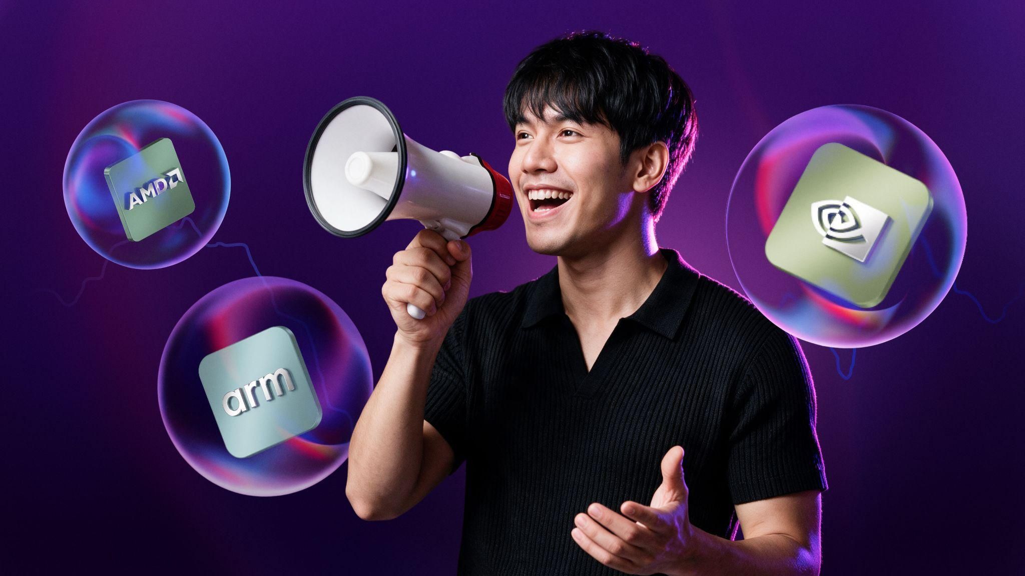 Man with megaphone next to glass bubbles containing AMD, Arm, and Nvidia chip logos