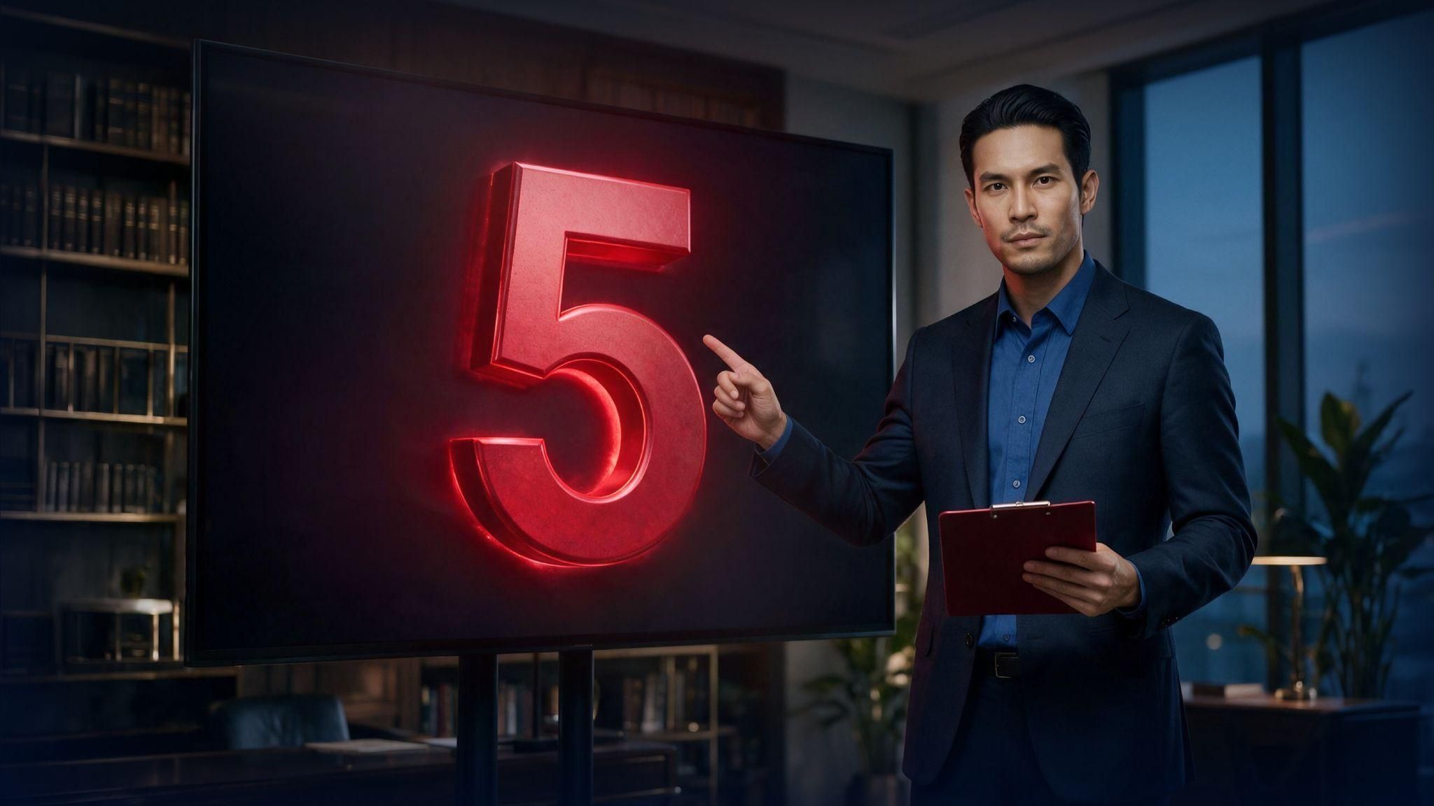 Businessman pointing at a glowing number five representing five cognitive biases in trading