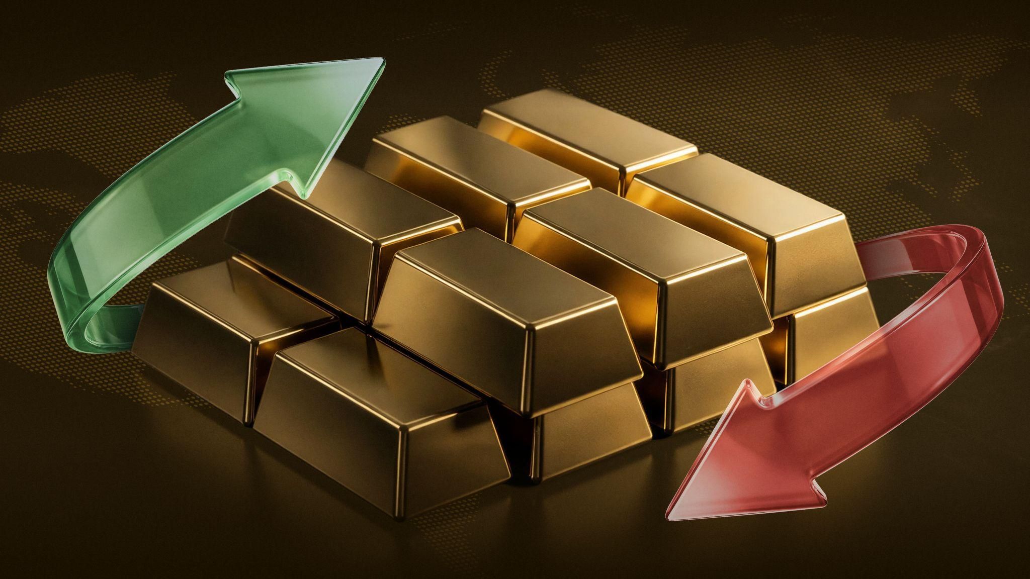 Stacked gold bars with green up arrow and red down arrow representing gold price volatility