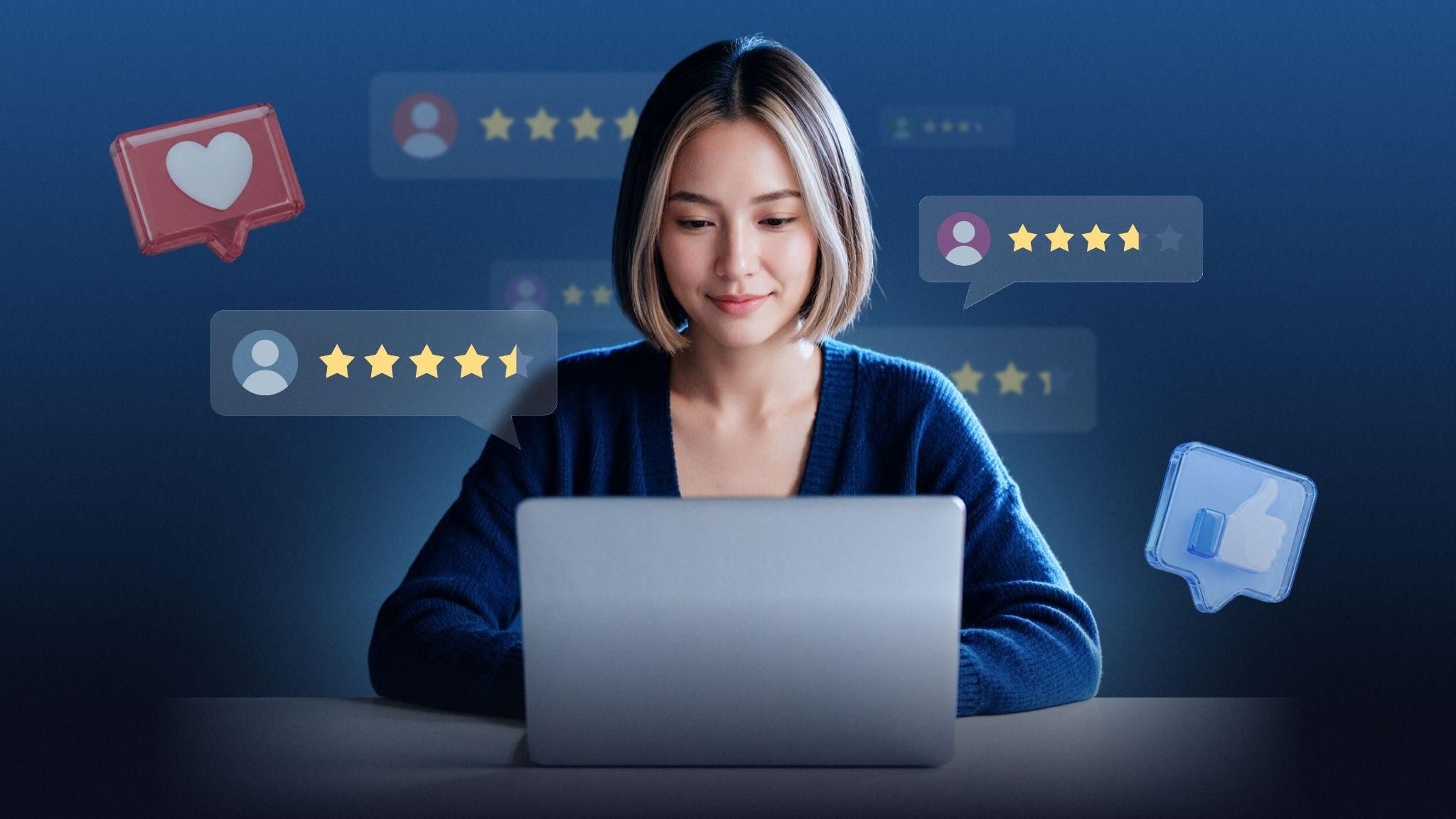Woman at laptop surrounded by star rating review bubbles representing online broker reviews