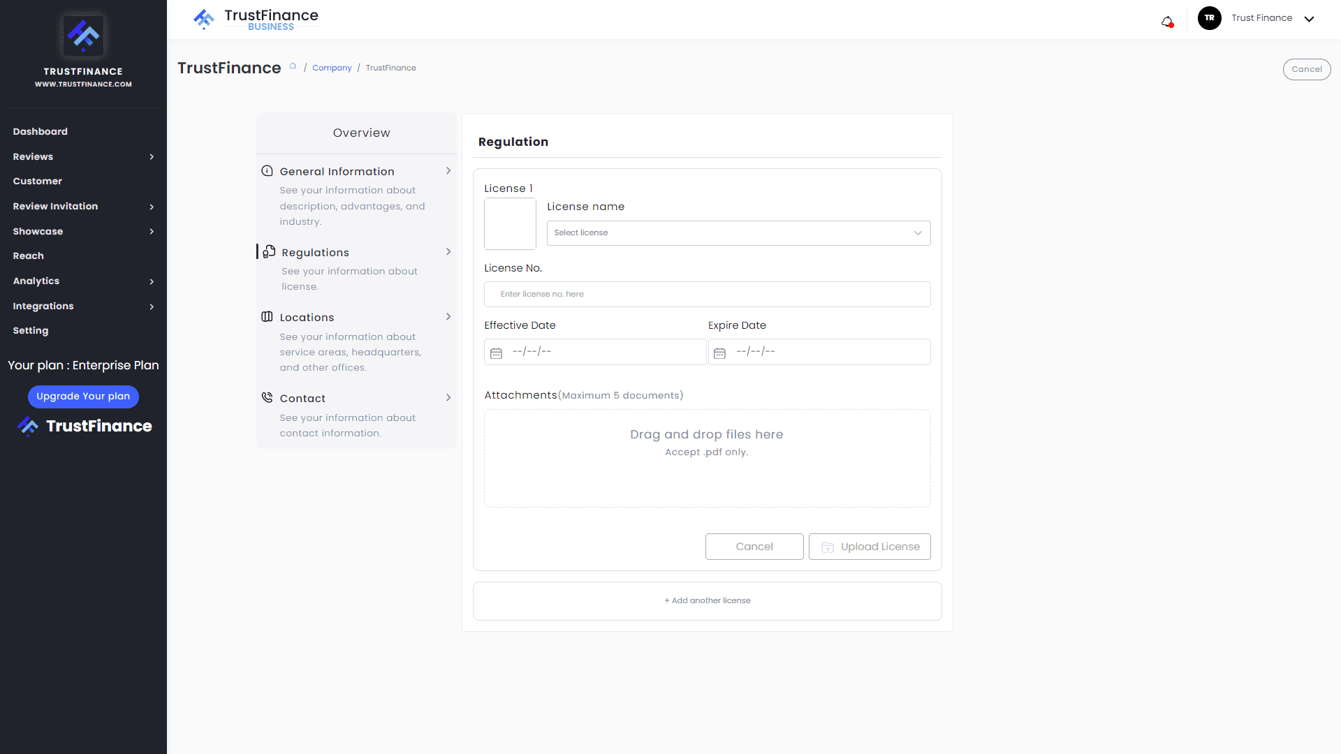 กรอกข้อมูลหน่วยงานที่ให้ใบอนุญาตธุรกิจของคุณบน TrustFinance Business