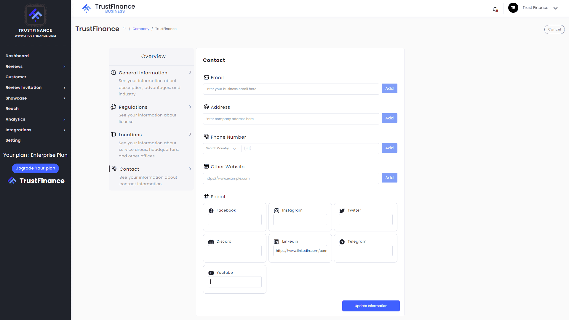 Enter your contact details and social media - TrustFinance Business