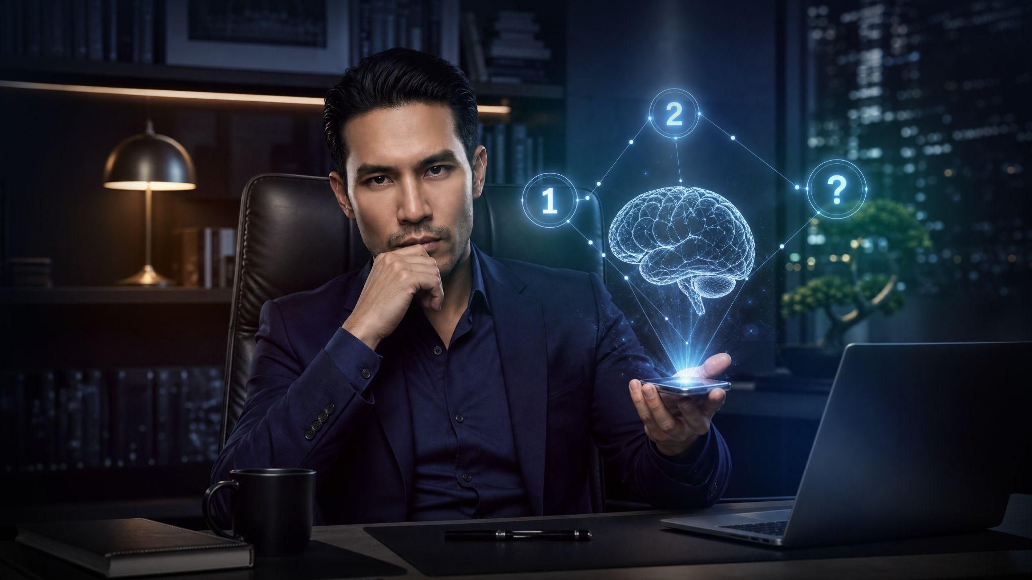 Trader holding a phone displaying a brain hologram representing System 1 and System 2 thinking