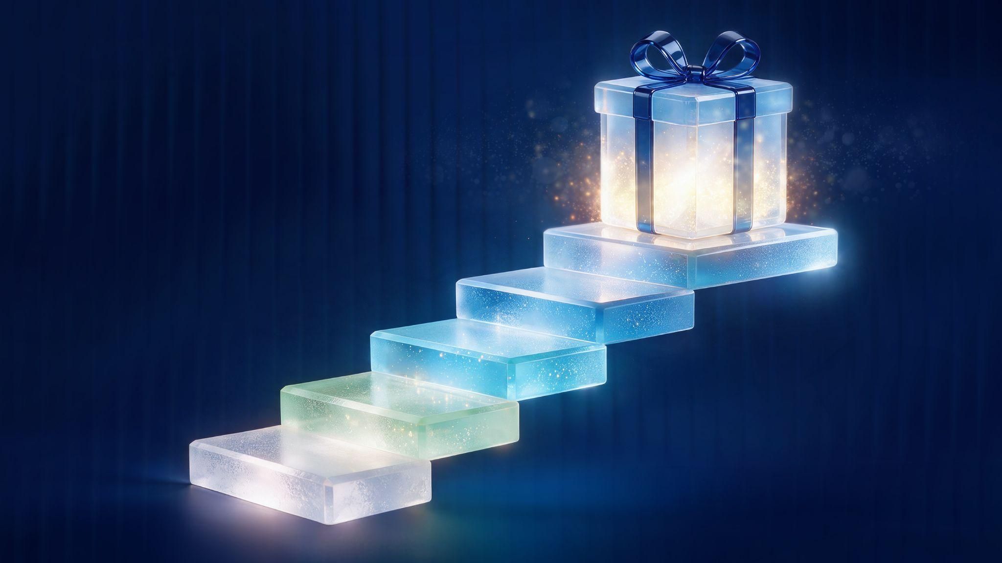 Gift box on glowing staircase representing step by step bonus claim process