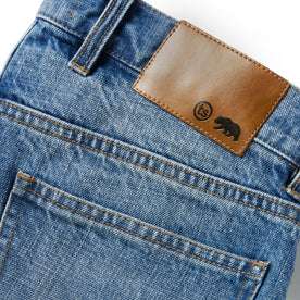 material shot of the leather patch on The Democratic Jean in Patch Wash Selvage