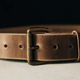 material shot of the buckle on The Standard Belt in Natural Brown