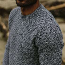 fit model wearing The Adirondack Sweater in Blue Melange with a close up of the left shoulder