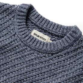 material shot of interior label of The Adirondack Sweater in Blue Melange