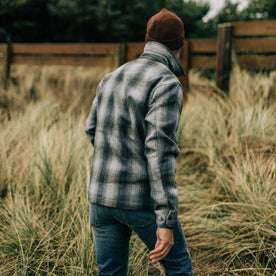 fit model in a field wearing The Forester Jacket in Ash Plaid