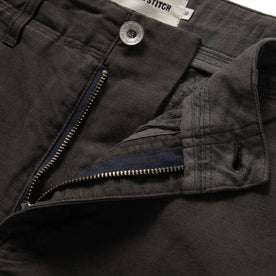 material shot of open button fly of The Morse Pant in Dark Charcoal Slub