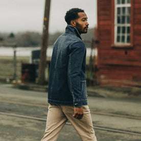 fit model crossing the street in The Ojai Jacket in Sawyer Wash Selvage