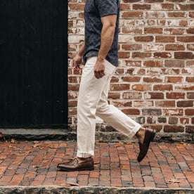 fit model wearing The Democratic Jean in Natural Organic Selvage