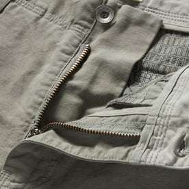 material shot of the zipper fly on The Morse Pant in Sagebrush Slub
