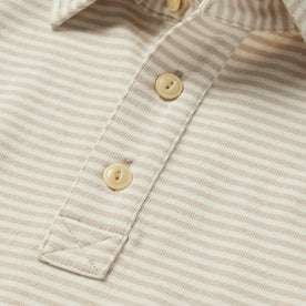 material shot of the buttons on The Heavy Bag Polo in Natural and Oatmeal Stripe