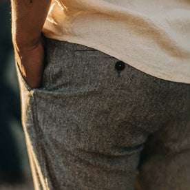 fit model showing the rear button pocket of The Easy Pant in Charcoal Herringbone