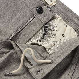 material shot of the internal drawstring and SF map printing on The Easy Pant in Charcoal Herringbone