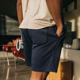 fit model showing the back of The Fillmore Short in Dark Navy
