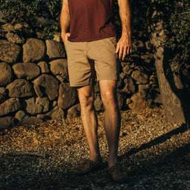 fit model standing in the sun in The Trail Short in Khaki Herringbone