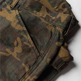 material shot of the pockets on The Chore Pant in Camo Boss Duck