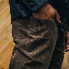 fit model showing the texture of The Democratic All Day Pant in Walnut Cord