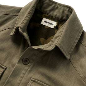 material shot of the collar on The Lined Shop Shirt in Stone Boss Duck