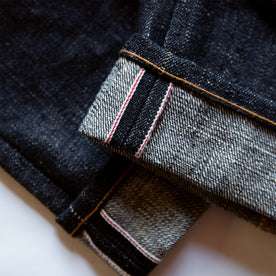 material shot of selvage hem on The Slim Jean in Umeda Selvage