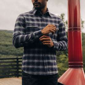 fit model wearing The Yosemite Shirt in Navy Shadow Plaid