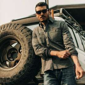 fit model wearing The Utility Shirt in Salt and Pepper Twill