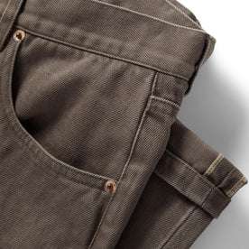material shot of the pockets on The Democratic All Day Pant in Washed Walnut Selvage