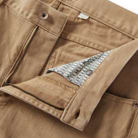 material shot of the fly on The Slim All Day Pant in Washed Tobacco Selvage