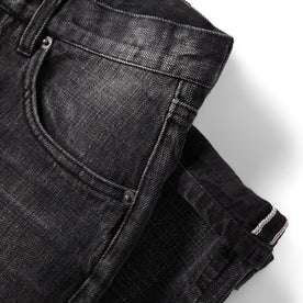 material shot of the pocket on The Slim Jean in Black 3-Month Wash Selvage