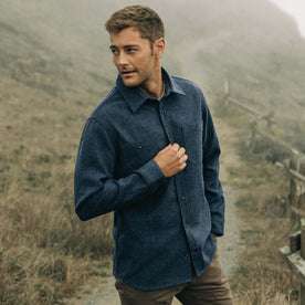 fit model posing in The Utility Shirt in Navy Donegal Wool
