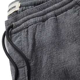 material shot of the drawstring and band on The Apres Pant in Heather Grey Double Cloth