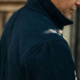 our fit model wearing The Ojai Jacket in Navy Boiled Wool