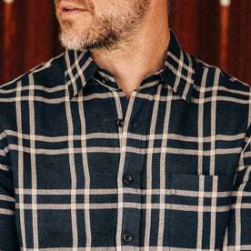 our fit model wearing The California in Navy Plaid