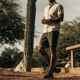 our fit model wearing The Camp Short in Olive Boss Duck