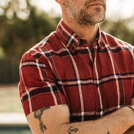 our fit model wearing The Short Sleeve Jack in Crimson Plaid