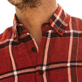 our fit model wearing The Short Sleeve Jack in Crimson Plaid