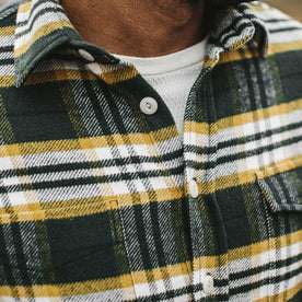 our fit model wearing The Crater Shirt in Green Plaid